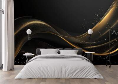 Curved gold lines with sparkling effects on a 3D black background, perfect for a luxury-style template with copy space for text. Wall mural