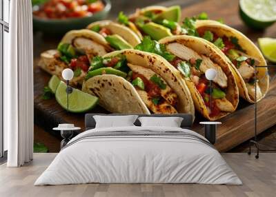 Delicious tacos filled with grilled chicken, avocado, and fresh salsa, served with lime wedges. Wall mural