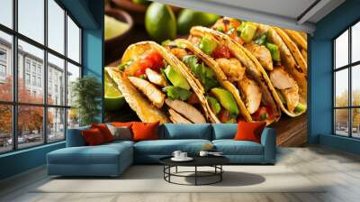 Delicious tacos filled with grilled chicken, avocado, and fresh salsa, served with lime wedges. Wall mural