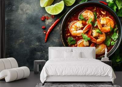 Delicious Tom Yum Goong with shrimp, served in a bowl with fresh herbs, chili peppers, and lime wedges on a rustic surface Wall mural