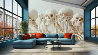 Detailed shot of human skeletal bones arranged in an anatomical pose, showcasing the structure of the arms and legs against a plain backdrop. - Wall mural