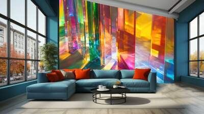 Different glass prisms and dichroic translucent stripes scattering light into vibrant color spectra, creating a dynamic visual display. Wall mural