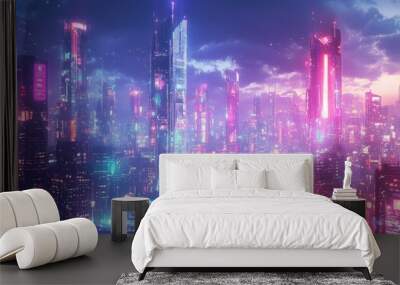 Digital neon buildings and bright lights in a futuristic urban skyline. Panoramic digital art. Wall mural