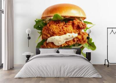 Double crispy chicken burger with fresh greens and creamy sauce, top view on a white background. Perfect for appetizing food visuals. - Wall mural