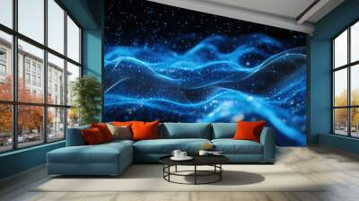 Dynamic blue particle lines forming horizontal waves and undulating across a black backdrop, ideal for showcasing digital and communication tech themes. Wall mural