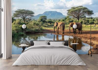 Elephants at a waterhole in Tsavo East National Park, Kenya, with their reflections visible in the water and the surrounding landscape. Wall mural