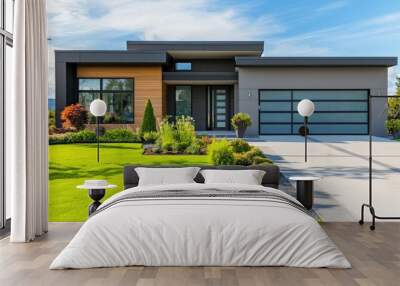 Front yard of a modern home with a blank wall, ideal for advertising or copy. Fresh landscaping and a clean driveway enhance the setting. Wall mural