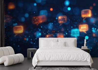 Futuristic banner showcasing glowing speech bubbles and virtual networking icons. Dark blue polygonal background with ample copy space for dialogue and e-commerce concepts. Wall mural