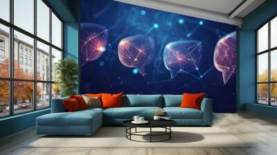 Futuristic communication banner with illuminated speech bubbles and a dark blue polygonal background. Perfect for dialogue and virtual networking with plenty of room for text. Wall mural