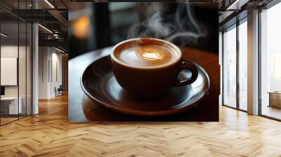 High-angle image of a warm cup of coffee on a brown plate, showcasing the inviting steam and elegant presentation. Wall mural