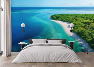 Lagoon bordered by white sandy beaches and vibrant green mangroves. Wall mural