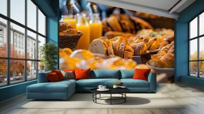 Luxurious breakfast buffet: fresh bread, pastries, orange juice, eggs, and a variety of delicious morning options. Wall mural