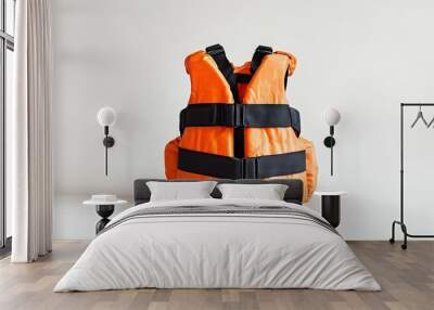 orange life jacket against a white backdrop, showcasing vital safety equipment for boating and swimming. Perfect for child safety. Wall mural