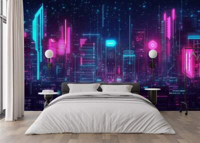 Panoramic view of a neon-lit cityscape with cutting-edge urban architecture and futuristic digital effects. Perfect for high-tech and science concepts. Wall mural