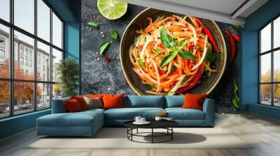 Papaya salad served in a bowl with lime and chili peppers, viewed from above, with ample copy space around the food. Wall mural