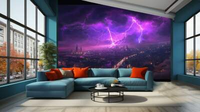 Powerful purple lightning storm over the city, with bolts of lightning illuminating the night sky and casting a dramatic and colorful glow over the urban landscape. Wall mural