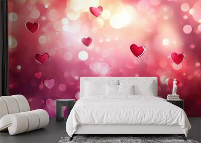 Romantic blurred Valentine's Day background in shades of red and pink, with floating hearts and a dreamy bokeh effect, perfect for vector design in EPS 10. Wall mural