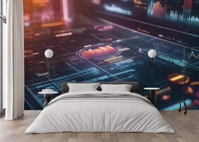 Rotating 3D graph highlighting various aspects of a business strategy, with dynamic elements. Wall mural