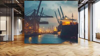 Sea port at dusk with cranes silhouetted against the evening sky, unloading cargo from a container ship. Highlights port operations and maritime logistics. Wall mural