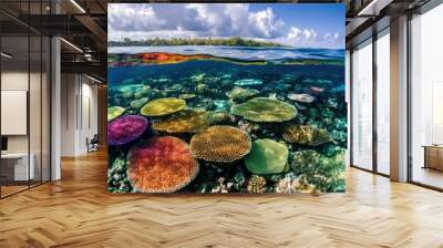 Shallow lagoon with colorful coral reefs and vibrant marine life beneath the surface. Wall mural