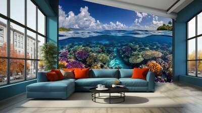 Shallow lagoon with colorful coral reefs and vibrant marine life beneath the surface. Wall mural