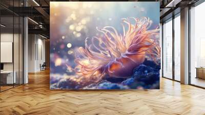 Side view of a sea anemone with its tentacles in motion, with a blurred ocean backdrop creating a large area for text or product details. Wall mural