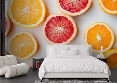 Sliced orange and grapefruit arranged in a circular pattern on a white background, showcasing their bright colors. Wall mural