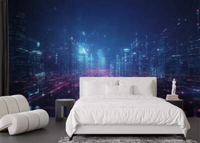 Smart digital city with globalization abstract graphic showing connection network . Concept of future 5G smart wireless digital city and social media Wall mural