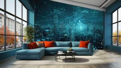 Smart digital city with globalization abstract graphic showing connection network . Concept of future 5G smart wireless digital city and social media Wall mural