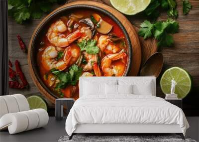 Spicy and sour Tom Yum Goong soup with shrimp and mushrooms, served in a bowl on a wooden table, accompanied by lime, chili, and cilantro. Wall mural