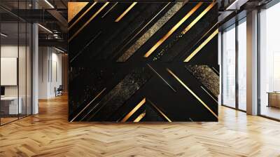 Stylish vector illustration of geometric gold arrows on a sleek black background, designed to evoke a sense of modernity and luxury with a futuristic touch. - Wall mural