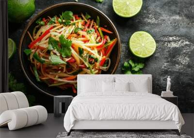 Thai papaya salad served in a bowl, shot from above, with fresh herbs and lime slices surrounding the dish, leaving room for text. Wall mural