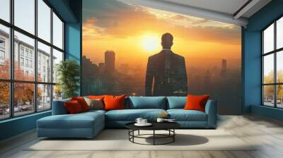 The double exposure image of the business man standing back during sunrise overlay with cityscape image. The concept of modern life, business, city life and internet of things. Wall mural