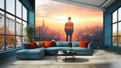 The double exposure image of the business man standing back during sunrise overlay with cityscape image. The concept of modern life, business, city life and internet of things. Wall mural