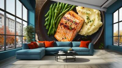 Top view of a grilled salmon steak with a side of mashed potatoes and green beans. - Wall mural