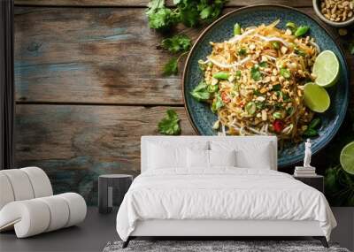 Top view of a plate of classic Pad Thai with lime wedges, peanuts, and fresh bean sprouts on a wooden surface. Wall mural