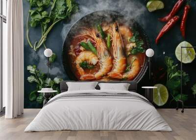 Top view of a steaming bowl of Tom Yum Goong with prawns, surrounded by fresh herbs, chili, lemongrass, and lime wedges. Wall mural