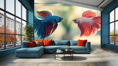 Two betta fish in separate tanks, with the focus on their vivid colors. The clear space around each fish provides a perfect backdrop for copy. Wall mural