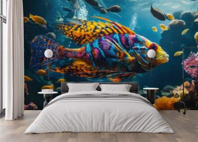 Underwater photograph of a striking sea fish with vivid colors, surrounded by schools of smaller fish and marine vegetation - Wall mural