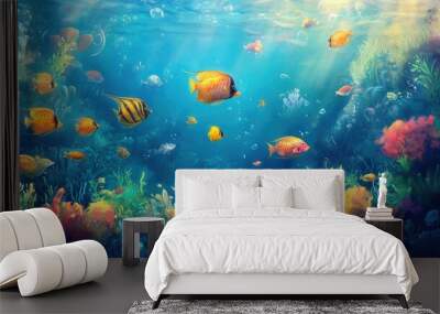 Underwater scene showcasing a diverse group of sea fish swimming together in harmony, with a rich, colorful reef in the background Wall mural