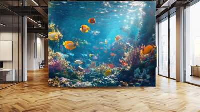 Underwater scene showcasing a diverse group of sea fish swimming together in harmony, with a rich, colorful reef in the background Wall mural