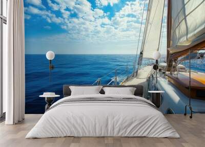 View from a sailboat deck looking out over the ocean, with clear sky for copy. Wall mural