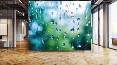 Water droplets forming intricate patterns on a window, with blurred trees in the background. Wall mural