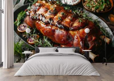 Whole barbecued suckling pig on a platter, viewed from above, with a crispy, glazed finish. Ideal for culinary and festive food photography. - Wall mural