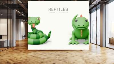 Set of reptiles in realistic cartoon style. Green striped snake, iguana Wall mural