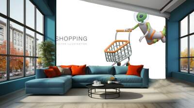 Space shopping. Green alien in spacesuit floats in weightlessness along with empty shopping cart Wall mural