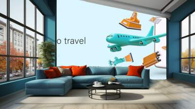 3D plane takes off from smartphone. Isometric tourist accessories, symbols of world architecture. Poster on colored background. All in one phone travel application Wall mural