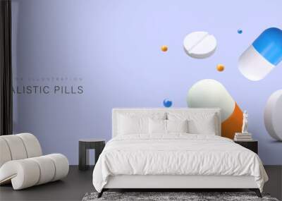 3d poster with realistic medicine. Realistic round pills, capsules in different positions. Web page for online pharmacy store. Vector illustration with purple background Wall mural