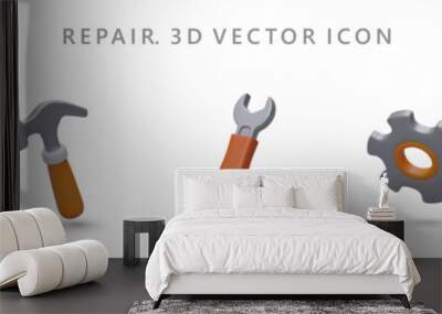 Collection of 3D tools on white background. Vector volumetric icons. Pliers, hammer, wrench, gear, work glove. Construction and repair symbols. Image in modern plasticine style Wall mural