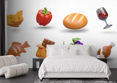 Collection with different healthy natural products. Round loaf, fish and chicken meat, fruits and vegetables. Foods and drinks. Vector illustration in 3d style Wall mural